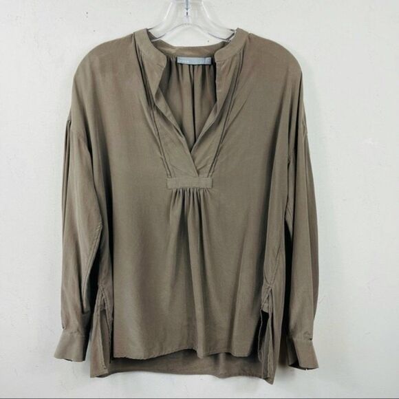 Vince Shirred 100% Silk Blouse Top XS Drop Shoulder Slouchy Balloon Long Sleeve - Picture 4 of 15